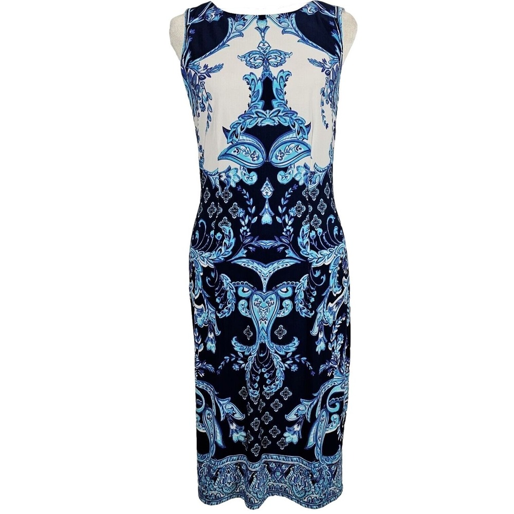 Joseph Ribkoff Blue White Sleeveless Sheath‎ US 4 Dress Midi Paisley Cocktail